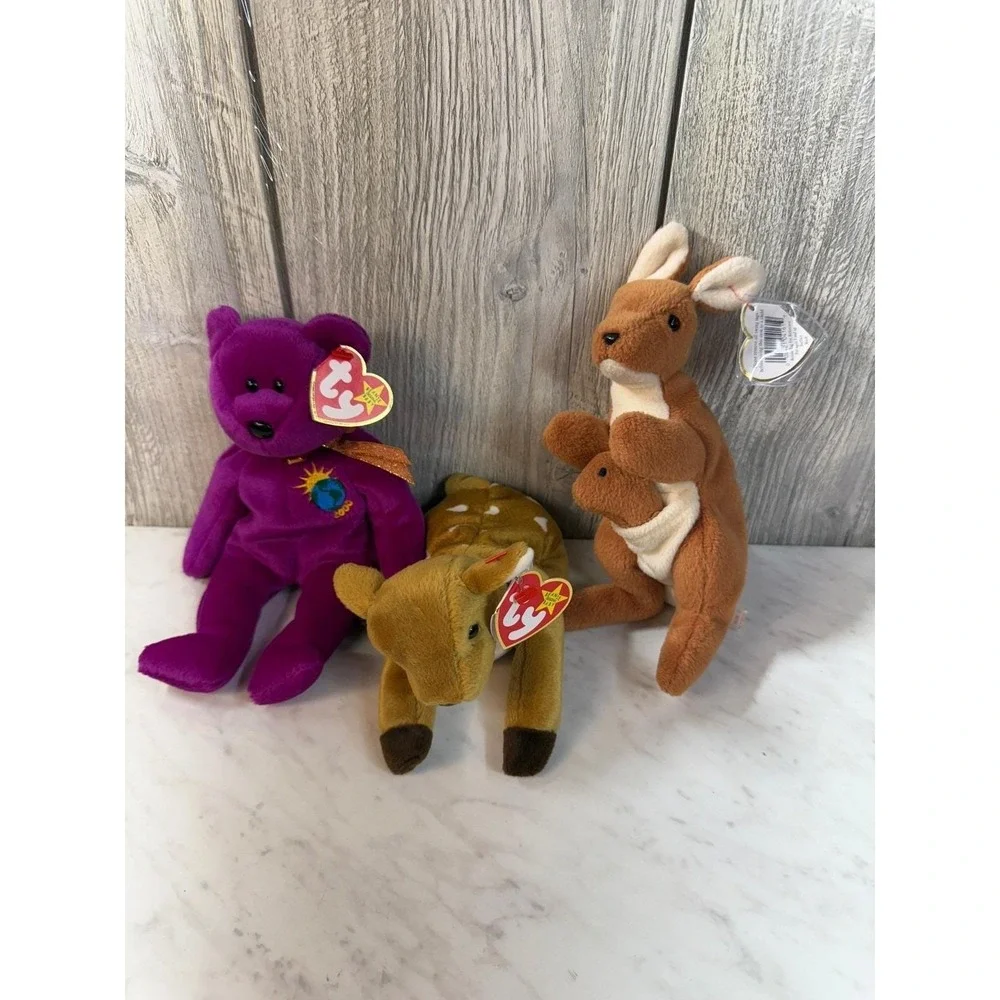 Ty Beanie Babies Lot 3 Millennium Purple Bear Whisper Deer Pouch Kangaroo Tags